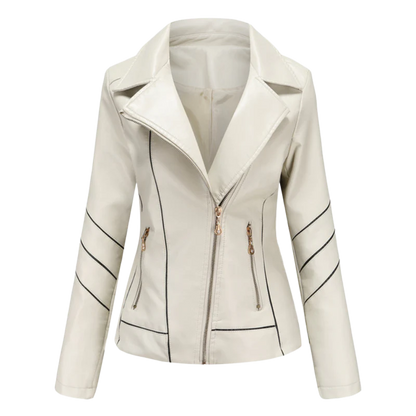 Women’s Leather Jacket – Slim Fit – Asymmetrical Zip – Notched Lapel – Cropped Biker Style – Piping Detail – Zippered Pockets