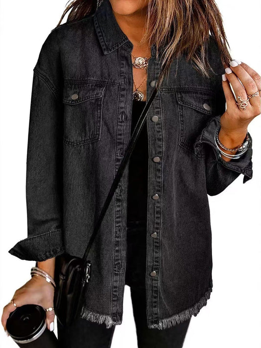 Frayed Hem Relaxed Fit Denim Jacket 