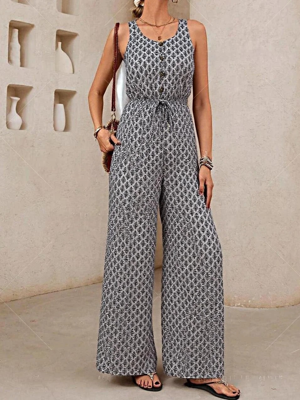 Women’s Jumpsuit – V Neck Sleeveless – Wide Leg – Drawstring Waist – Lightweight Blend