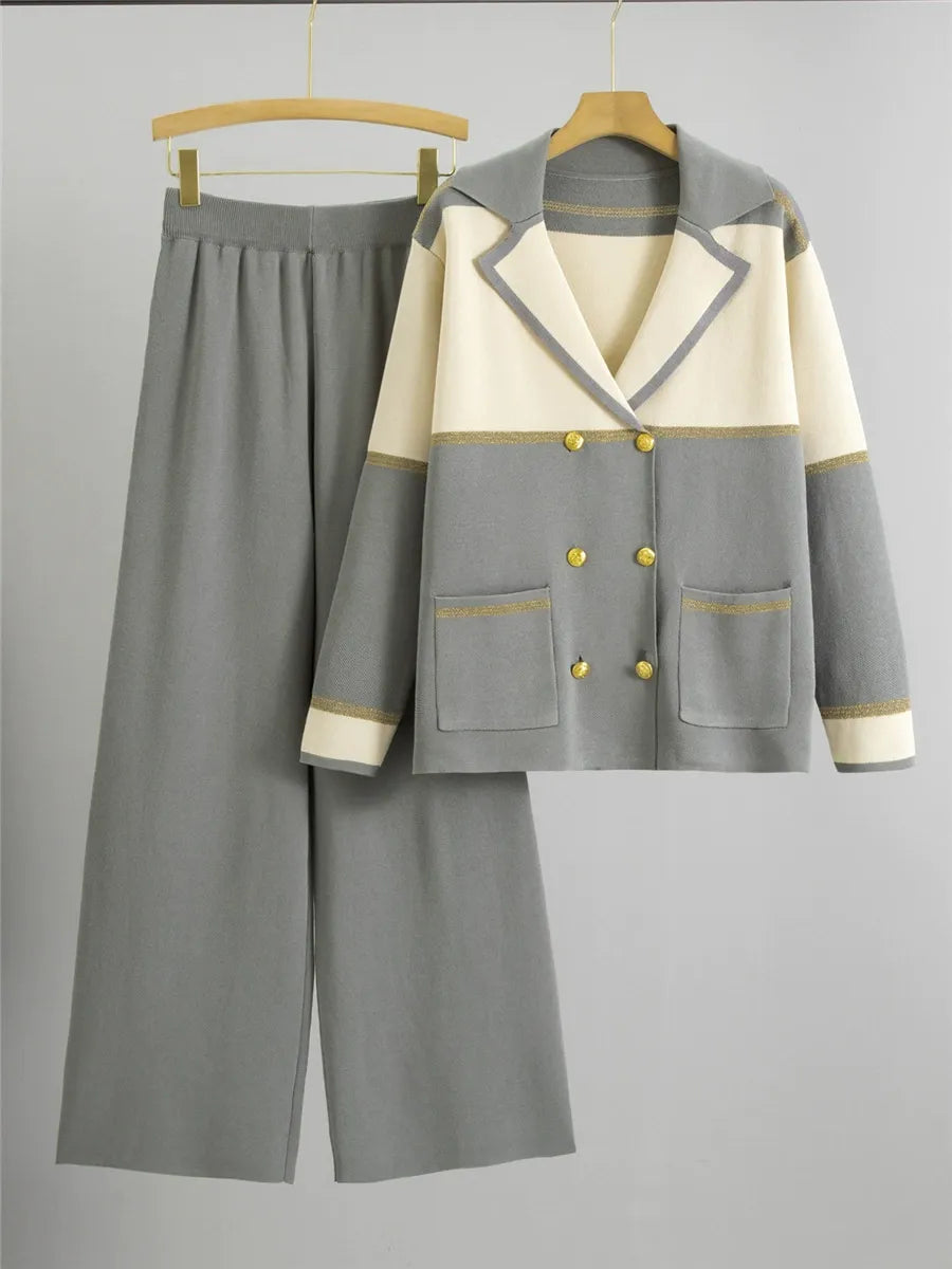 Double-Breasted Knit Wide-Leg Two-Piece Suit 