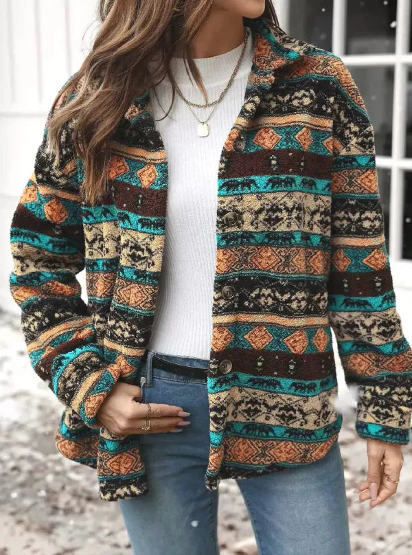 Tribal Pattern Relaxed Fit Fleece Jacket 