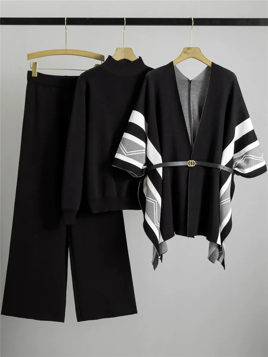 Three-Piece Belted Relaxed Fit Shawl Cardigan 