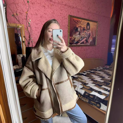 Women’s Jacket - Faux Suede Shearling Blend - Oversized Fit - Notched Lapel