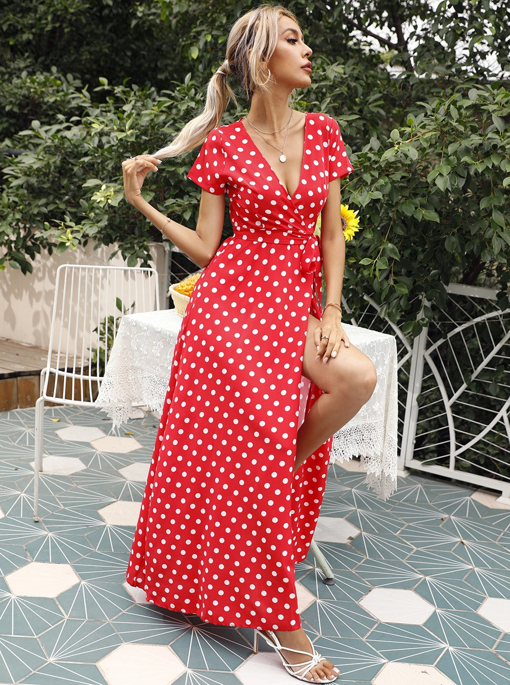 Women’s Wrap Dress – Midi Length – Polka Dot – Fitted Waist – V-Neck – Short Sleeve