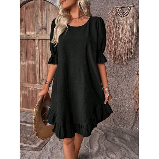 Linen Ruffle Trim A-Line Knee Length Dress 