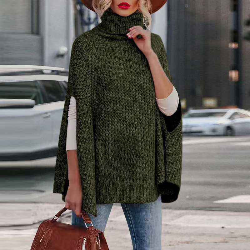 Women’s Sweater Cape – Loose Fit – High Neck – Wool Blend – Arm Slit Design
