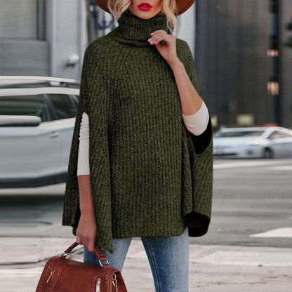Women’s Sweater Cape – Loose Fit – High Neck – Wool Blend – Arm Slit Design