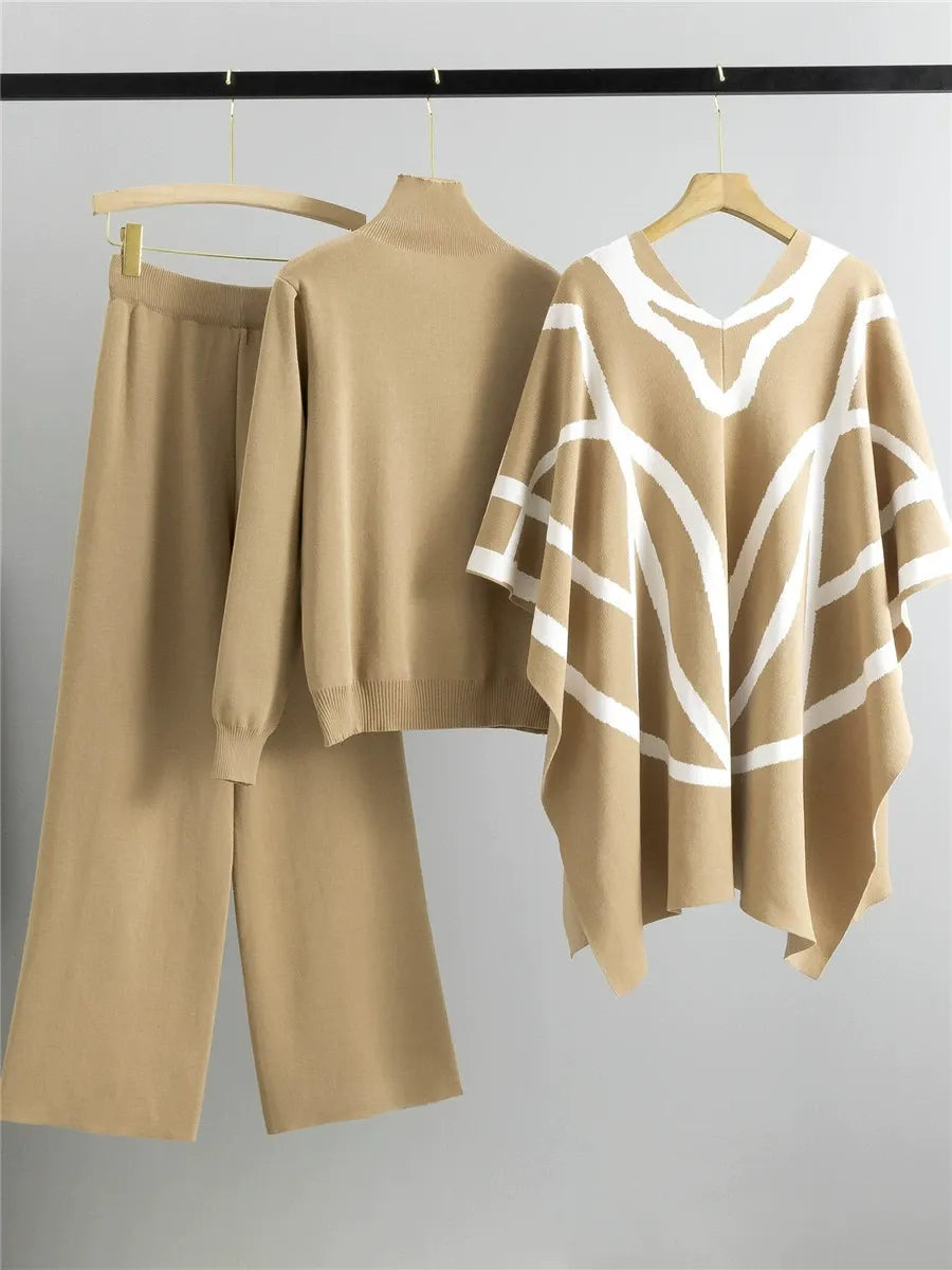 Three-Piece Geometric Knitted Relaxed Open Front Shawl Cape 