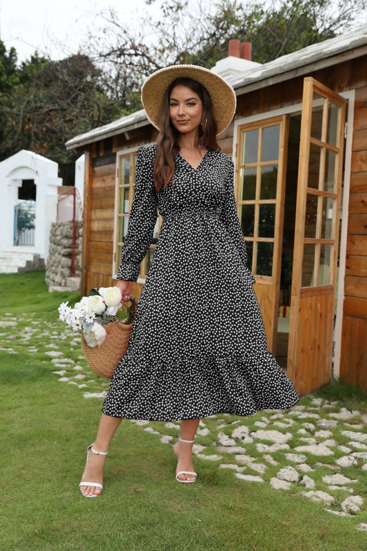 Polka Dot Flared V-Neck Midi Dress 