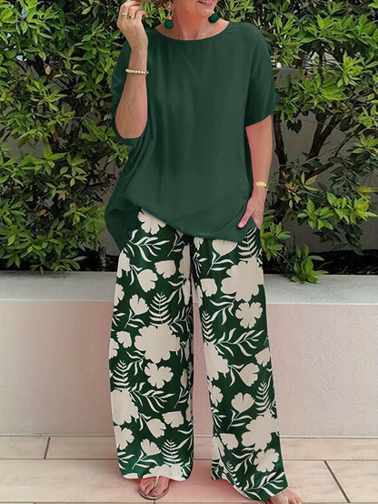 Women’s Two-Piece Wide Leg Pants Set – Relaxed Fit – Floral Print