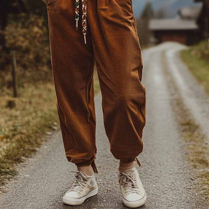 Women’s Pants - Corduroy - Loose Fit - Elastic Waist - Cuffed Hem
