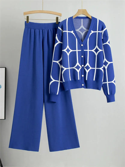Women’s Two-Piece Knitted Set – V-Neck Cardigan – Geometric Pattern – Wide-Leg Pants