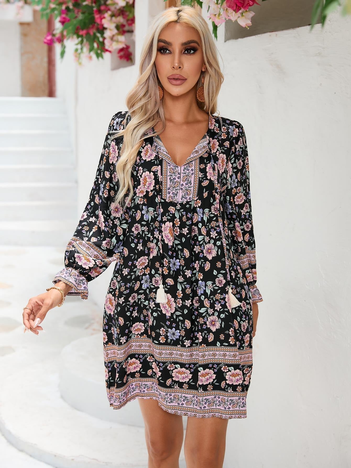 Floral Print Cotton A-Line Dress 