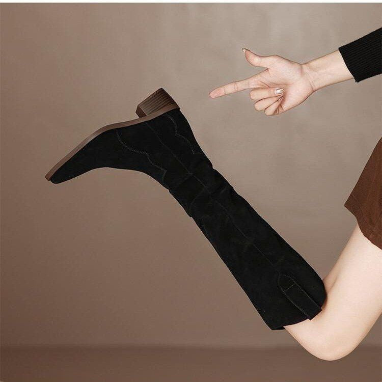 Suede Knee-High Pointed Toe Block Heel Boots