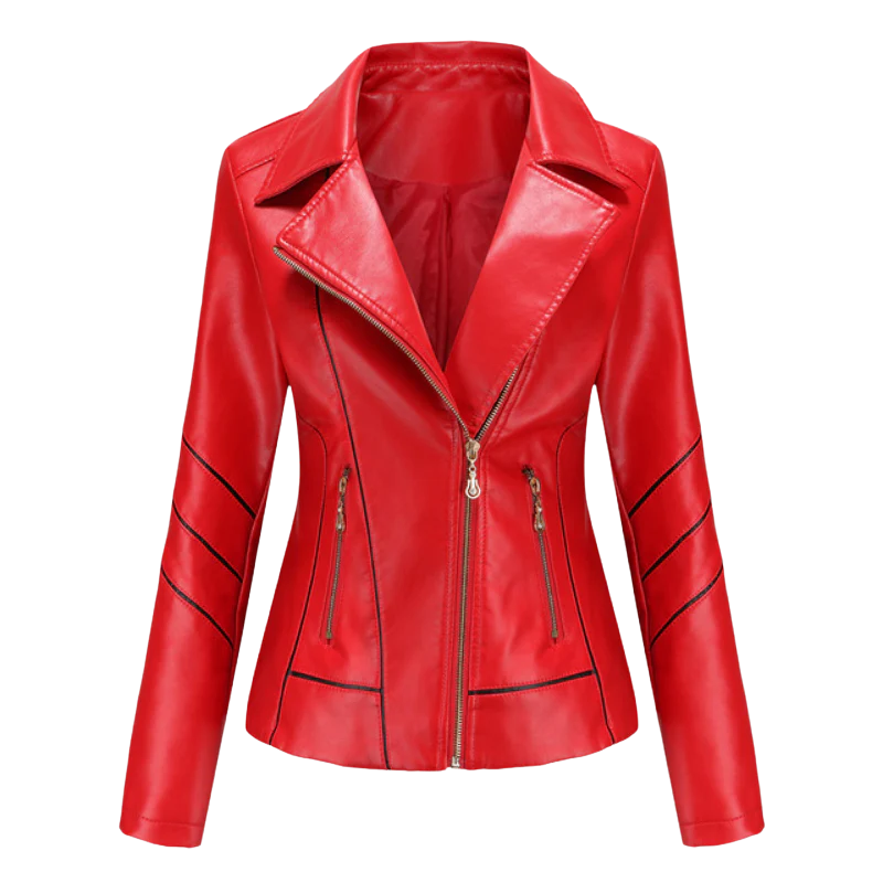 Women’s Leather Jacket – Slim Fit – Asymmetrical Zip – Notched Lapel – Cropped Biker Style – Piping Detail – Zippered Pockets