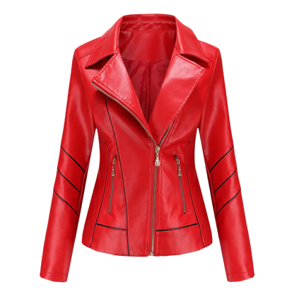 Women’s Leather Jacket – Slim Fit – Asymmetrical Zip – Notched Lapel – Cropped Biker Style – Piping Detail – Zippered Pockets