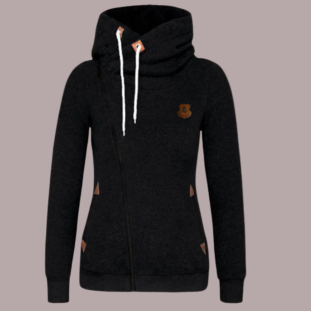 Women’s Hoodie Jacket – Relaxed Elongated Fit – Cotton Knit – Asymmetrical Zipper – Braided Drawstrings