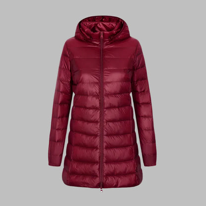 Women’s Quilted Jacket – Fitted Mid-Thigh Length – Hooded – Water-Resistant – Zipper Front
