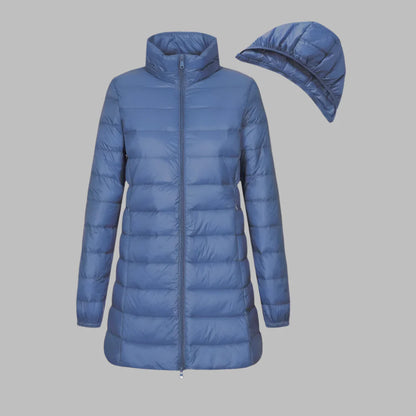 Women’s Quilted Jacket – Fitted Mid-Thigh Length – Hooded – Water-Resistant – Zipper Front