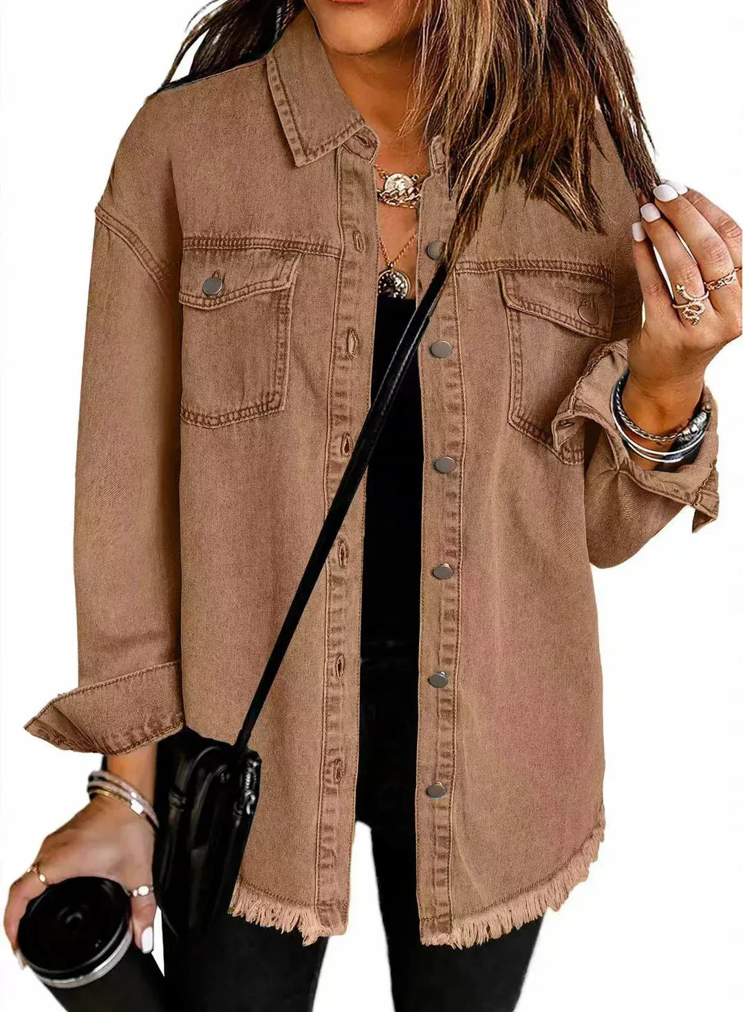 Frayed Hem Relaxed Fit Denim Jacket 