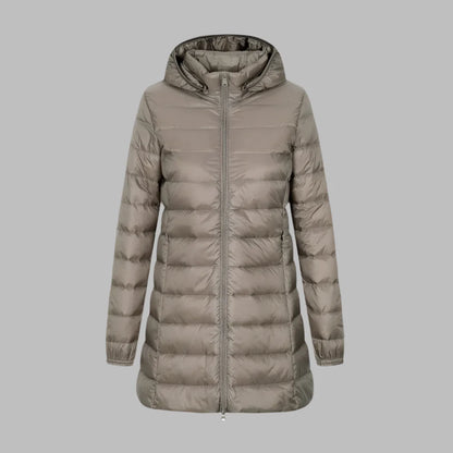 Women’s Quilted Jacket – Fitted Mid-Thigh Length – Hooded – Water-Resistant – Zipper Front
