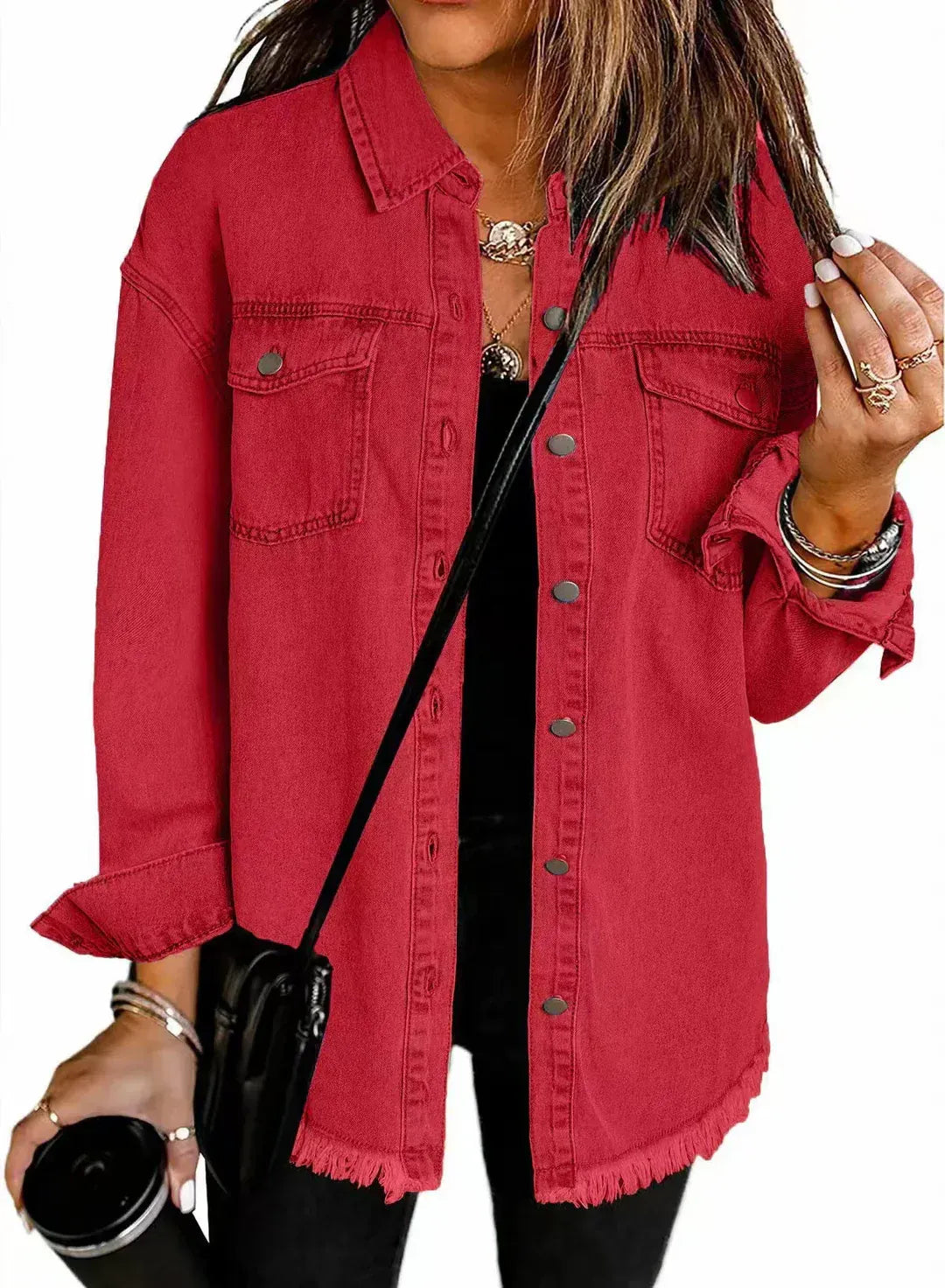Frayed Hem Relaxed Fit Denim Jacket 