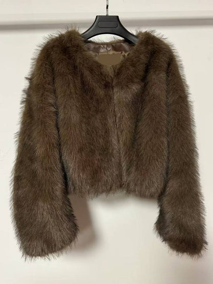 Women’s Coat - Faux Fur - Cropped Fit - Collarless Round Neck - Open Front