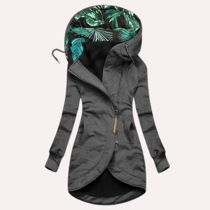 Women’s Fleece Jacket – Slim Fit – Hooded with Printed Lining – Asymmetrical Zip – Long Length