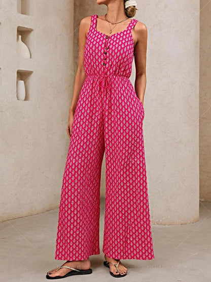 Women’s Jumpsuit – V Neck Sleeveless – Wide Leg – Drawstring Waist – Lightweight Blend