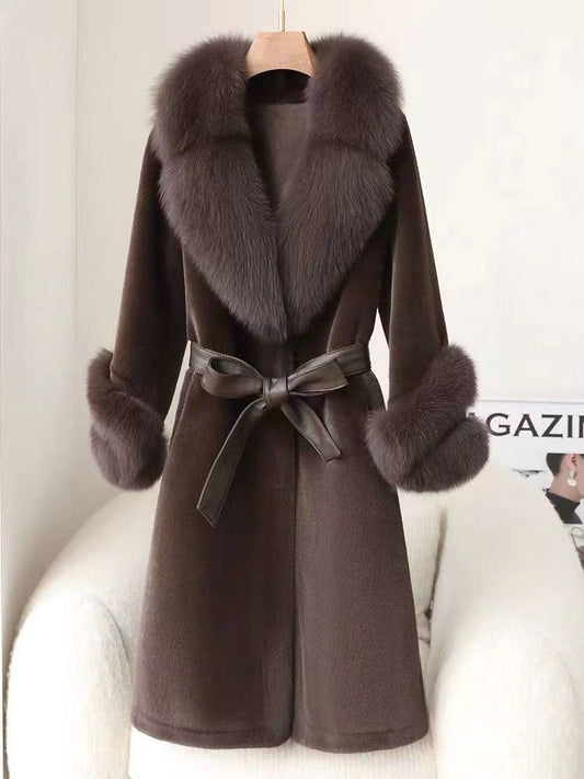 Fur Collar Slim Fit Wrap Coat 
