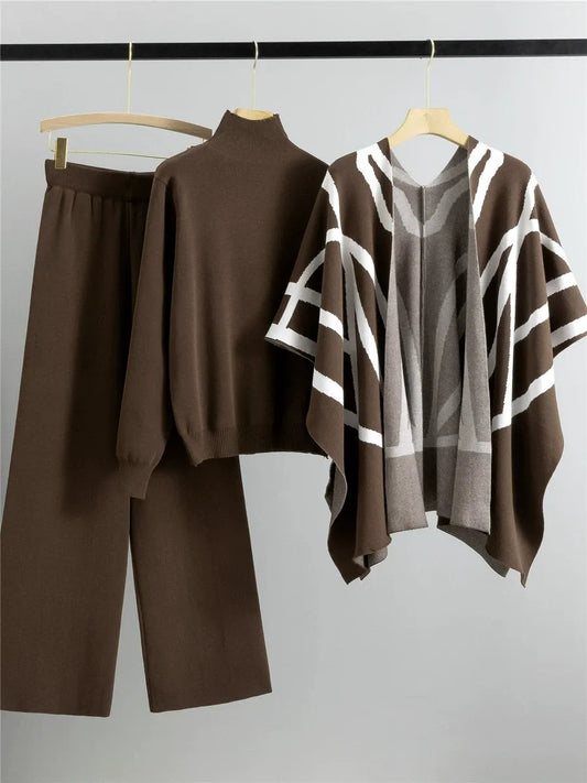 Three-Piece Geometric Knitted Relaxed Open Front Shawl Cape 