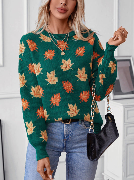 Knit Jacquard Maple Leaf Pattern Sweatshirt 