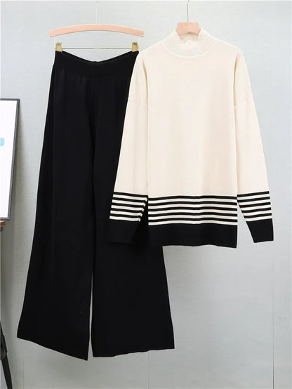 Women’s Two-Piece Set – Knit Sweater and Wide-Leg Trousers – Loose Fit Lounge Wear