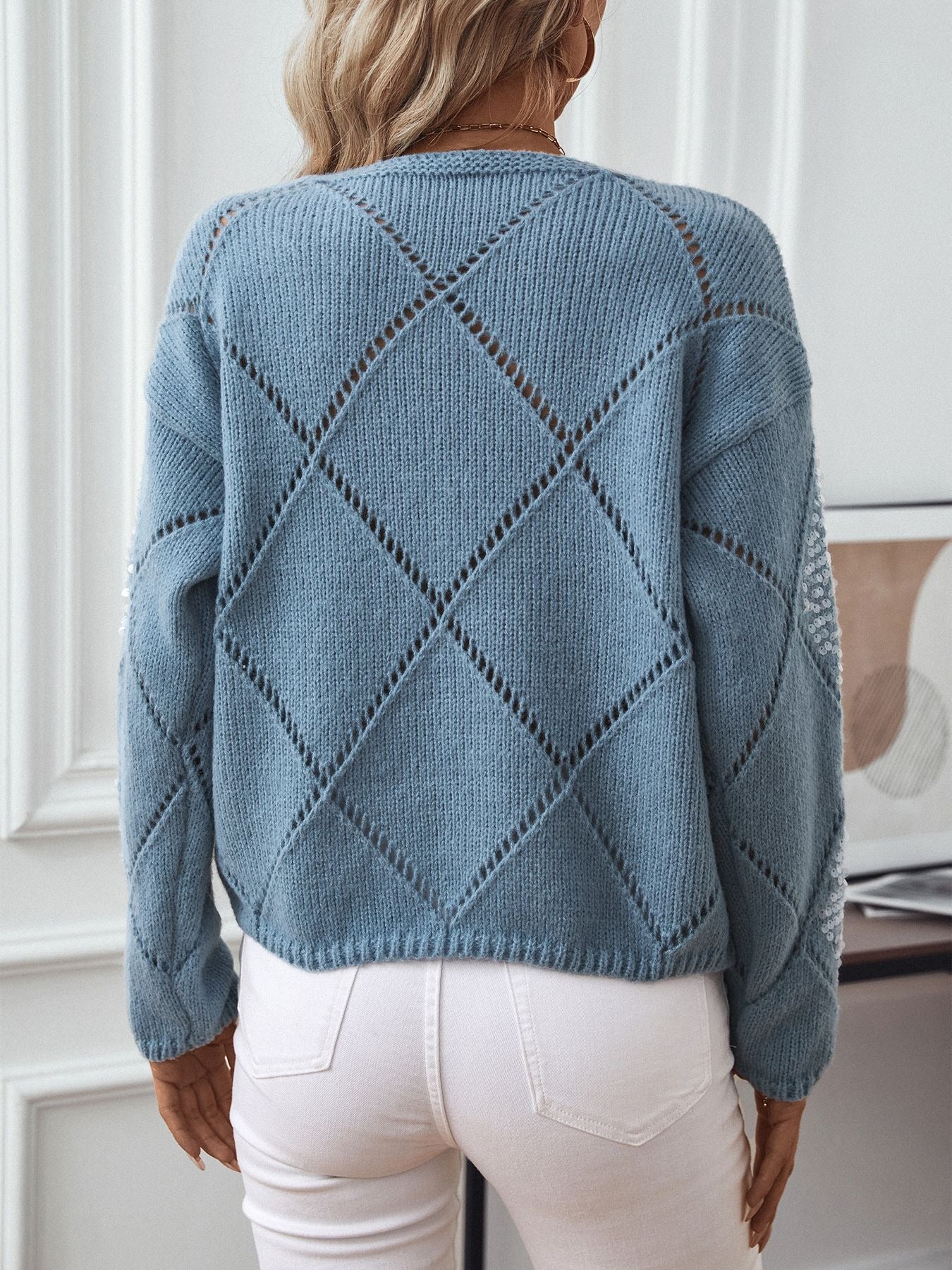 Women’s Knitted Sweatshirt – Relaxed Fit – Wool Blend – Sequin Diamond Openwork Sleeve