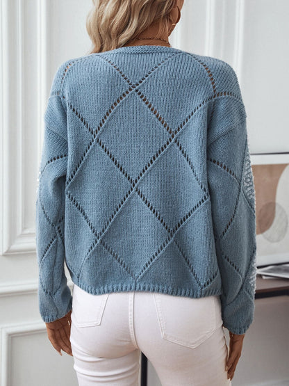 Women’s Knitted Sweatshirt – Relaxed Fit – Wool Blend – Sequin Diamond Openwork Sleeve