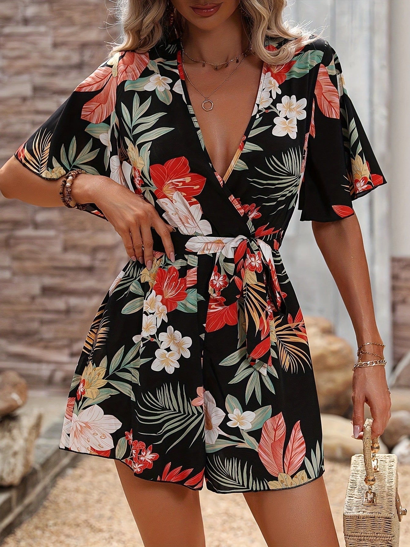 Floral Print Belted Wrap Romper 