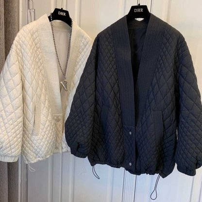 Women’s Jacket - Quilted Blend - Oversized Fit - Ribbed Lapel - Adjustable Drawstring Hem