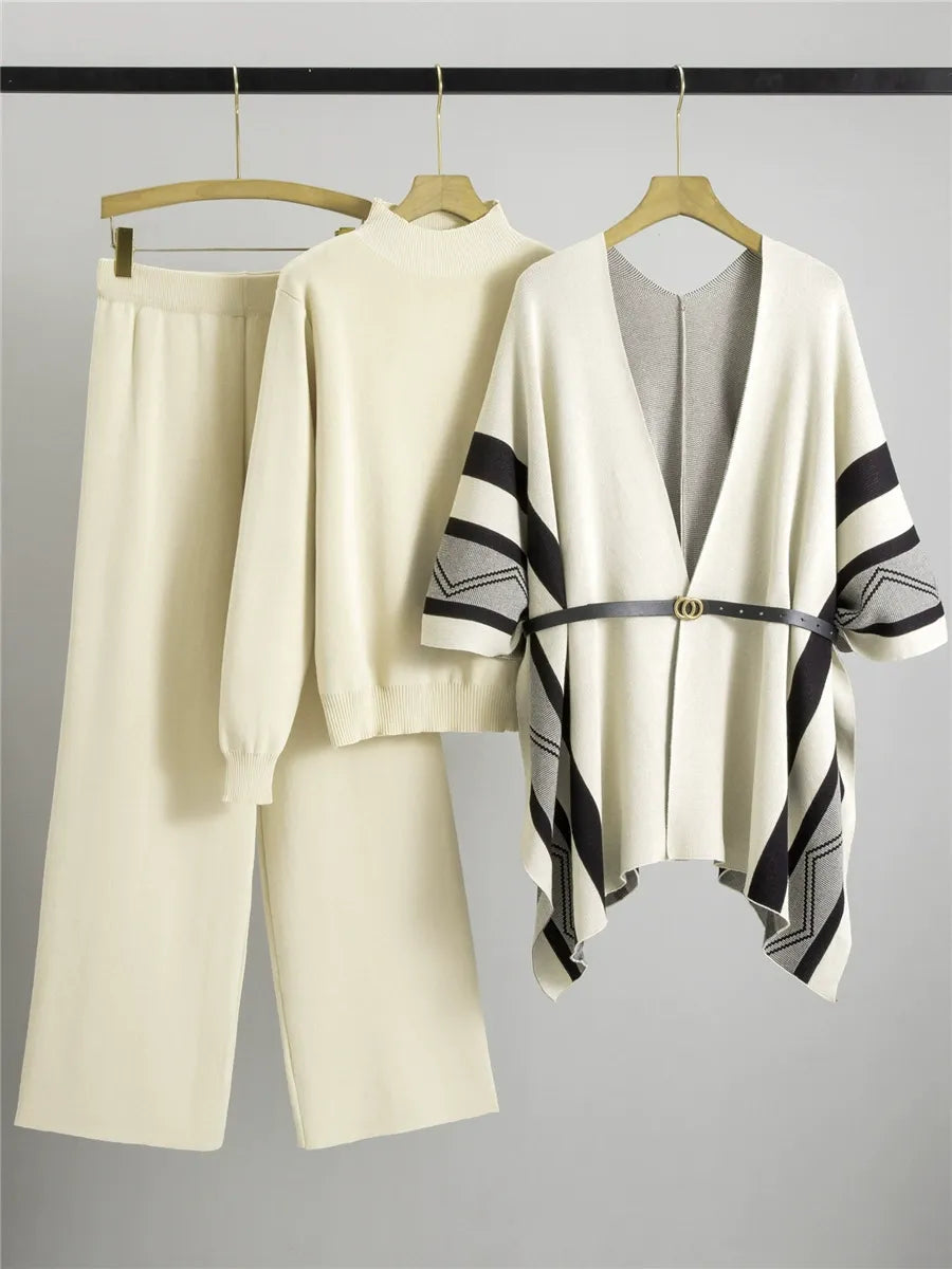Women’s Three-Piece Shawl Cardigan – Belted Knit – Relaxed Fit – Ribbed Textured Sleeves