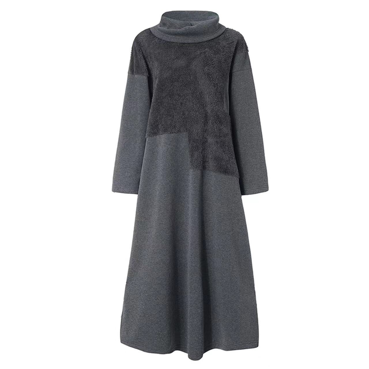 Women’s Long Sleeve Dress – Relaxed Fit – Plush Splice Detail – High Collar – Full Length