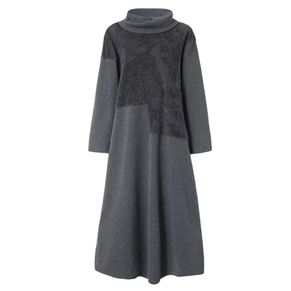 Women’s Long Sleeve Dress – Relaxed Fit – Plush Splice Detail – High Collar – Full Length