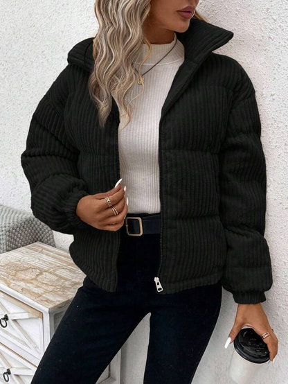 Women’s Corduroy Jacket – Padded – Relaxed Fit – High Collar – Zipper Front