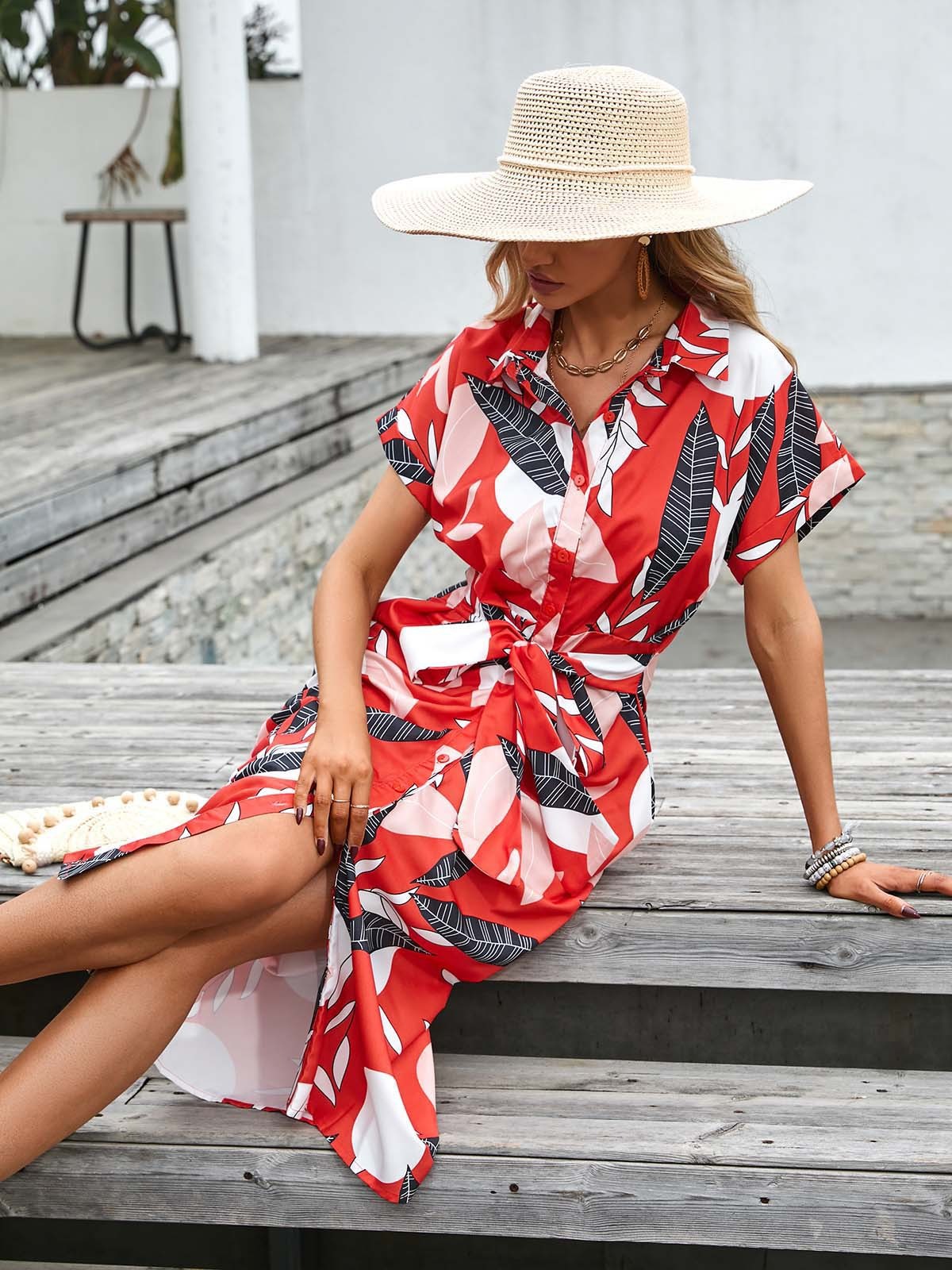 Belted Cotton Blend Shirt Style Midi Dress 