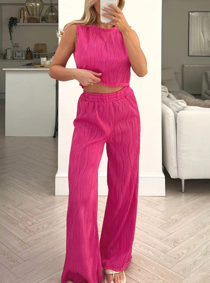 Women’s Two-Piece Set – Ribbed Knit Sleeveless Crop Top – High-Waisted Wide Leg Pants
