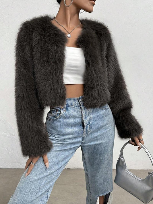 Faux Fur Cropped Open Front Coat