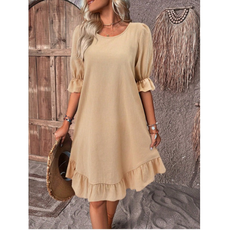 Linen Ruffle Trim A-Line Knee Length Dress 