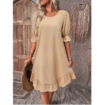 Women’s A-Line Dress – Cotton Linen – Knee Length – Ruffle Trim – Mid Sleeve