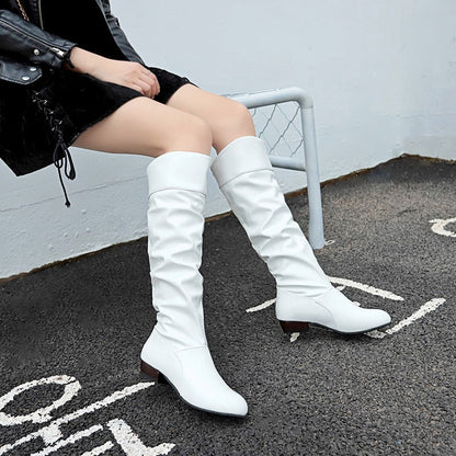 Women’s Boots - Faux Leather - Mid-Calf Slouchy Shaft - Low Block Heel - Pull-On