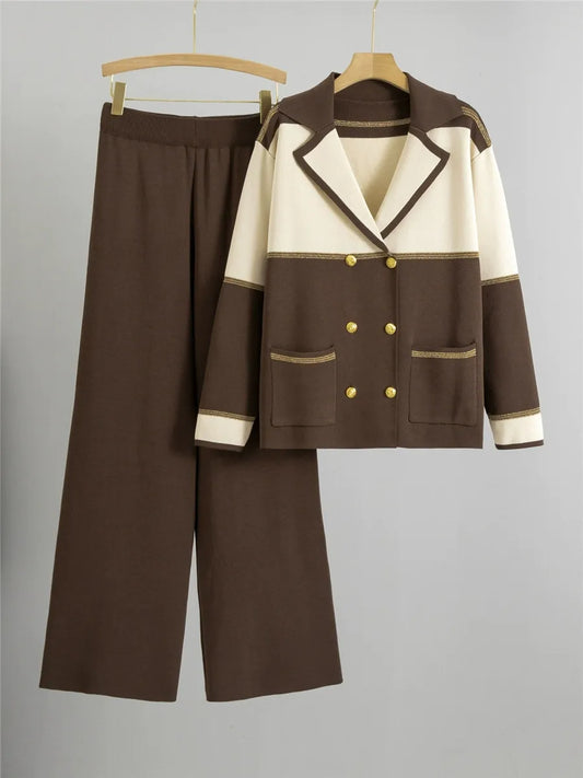 Double-Breasted Knit Wide-Leg Two-Piece Suit 