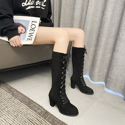 Women’s Knee-High Boots – Suede Feel – Lace-Up Front – Block Heel – Rounded Toe