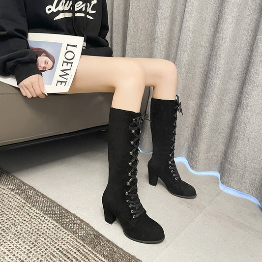 Suede Lace-Up Block Heel Knee-High Boots 